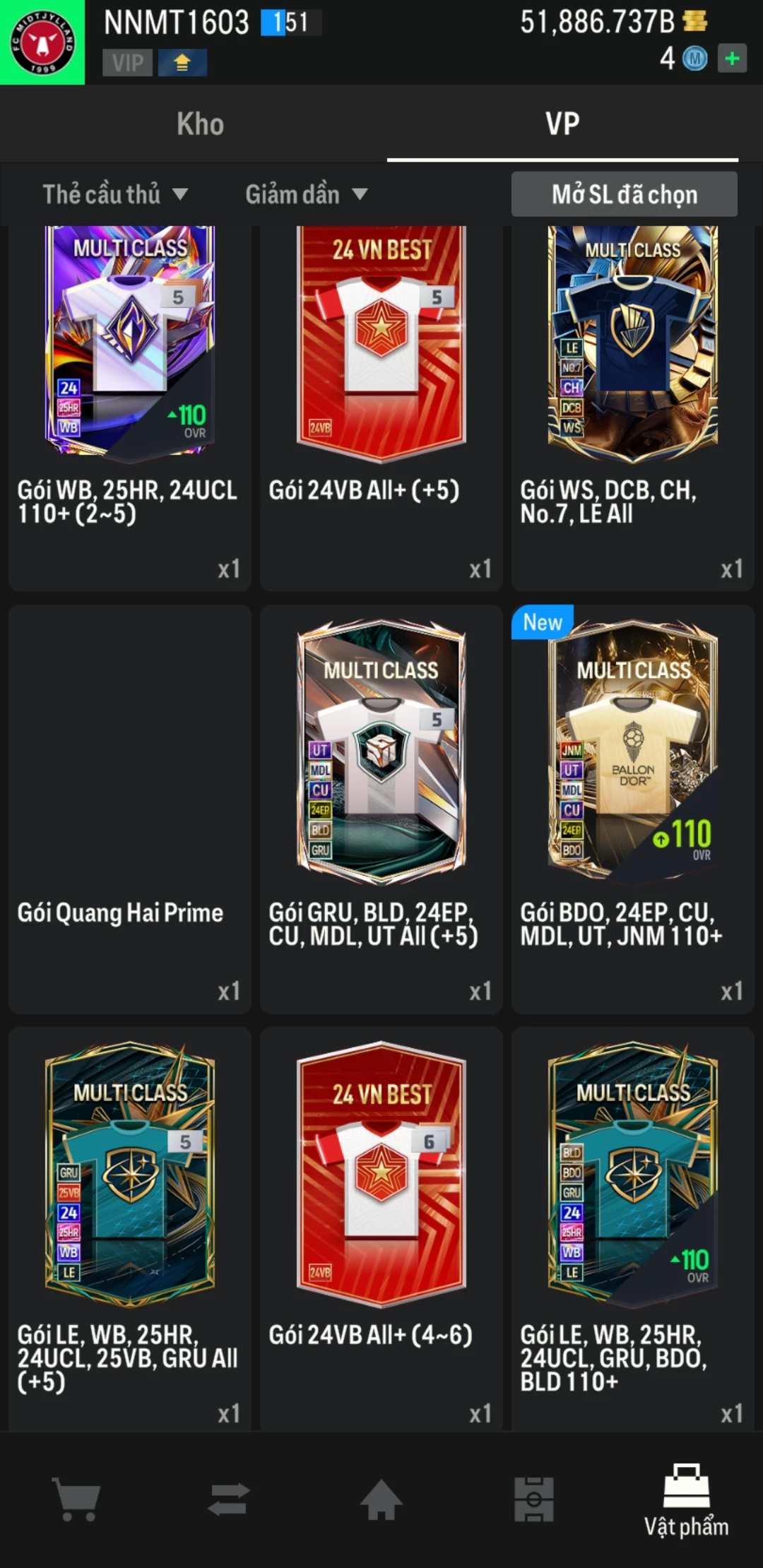 Ảnh ACC mở thẻ (LOẠI SVIP PROMAX) bao gồm có thẻ +12, Thẻ PRIME(QH+, CP+, XS+) và hơn 1500+ đến 1700+ thẻ cầu thủ từ Siêu sao đến Miền núi các loại. Acc có sẵn BP trắng từ 50.000 tỷ BP đến 62.000 tỷ BP